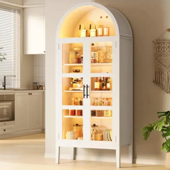 70" Tall Arched Kitchen Pantry Cabinet with LED Lights, Modern Wood Arched Bookshelf with Glass Doors & Adjustable Shelves image {7}