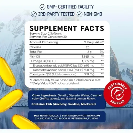 Omega 3 Fish Oil + CoQ10 Softgels, Omega-3 with CoQ10 Supplement for Heart Health, Cellular Energy, & Antioxidant Support, Lemon, MAV Nutrition, 60ct image {1}