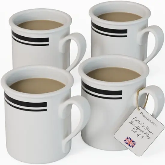 Portmeirion Potter's 9oz Stripe Breakfast Mug, Set of 4, Elegant Earthenware Tea Mugs with Handle for Coffee Lovers, Classic Stripe Design - Black image {9}