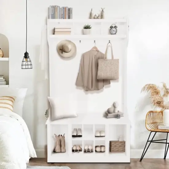 Multi-Functional Coat Rack with Shoe Storage and Nightstand, Sturdy Wood Entryway Organizer for Small Spaces image {2}
