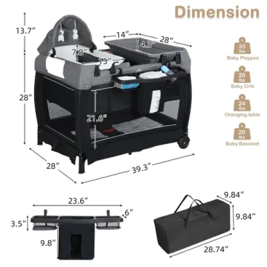 Kinder King 4-in-1 Convertible Baby Playard with Bassinet, Diaper Changer, Cradle&Bedside Sleeper, Breathable Mesh, Storage Organizer&Lockable Wheels image {4}