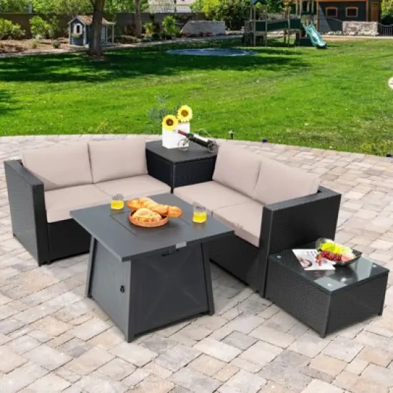 Tangkula 5-Piece Outdoor Patio Furniture Set with 50,000 BTU Propane Fire Pit Table Patio Conversation Set w/ Cushions, Storage Box, Coffee Table image {1}