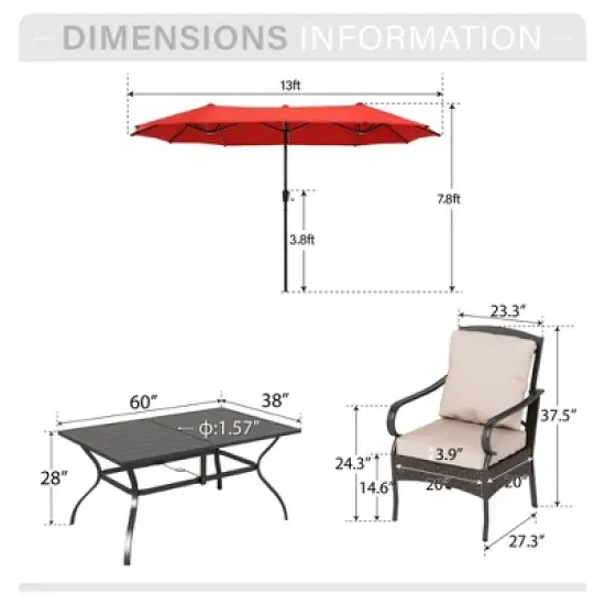 Captiva Designs 8pc Patio Rectangle Steel Dining Table & Rattan Chairs & Market Umbrella image {6}