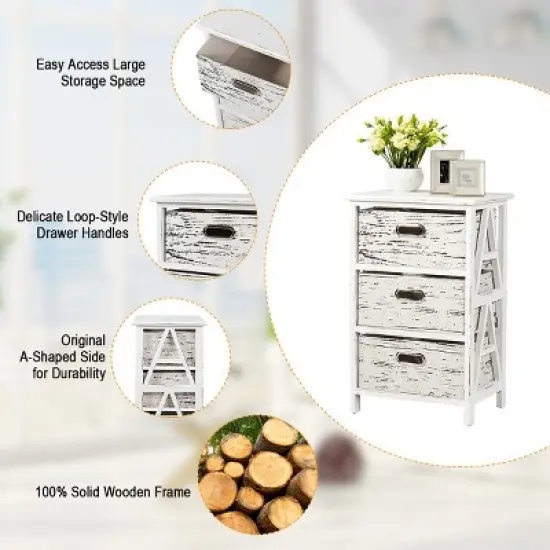 Chest w/3 Fabric Drawers Vintage Wood Frame End Table Side Sofa Table Nightstand image {6}