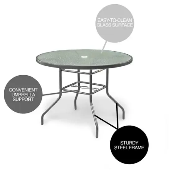 Garden Elements Sienna Round Patio Dining Table, Steel Frame with Glass Top, Gray, 40" image {1}