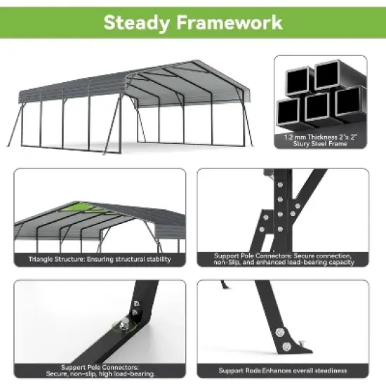 Real Relax Heavy Duty Metal Carport, Outdoor Garage Car Shelter Shade with Heavier Metal Frame, Galvanized Metal Roof for Car and Boats, Grey image {3}
