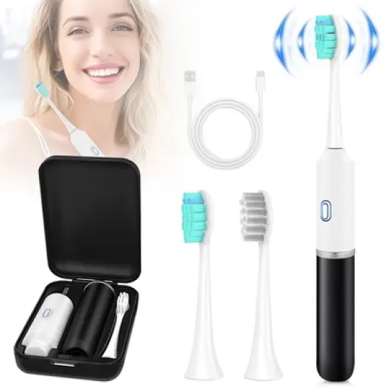 Portable Travel Electric Sonic Toothbrush Battery Operated, 2 Brush Heads Included - Black/White image {7}