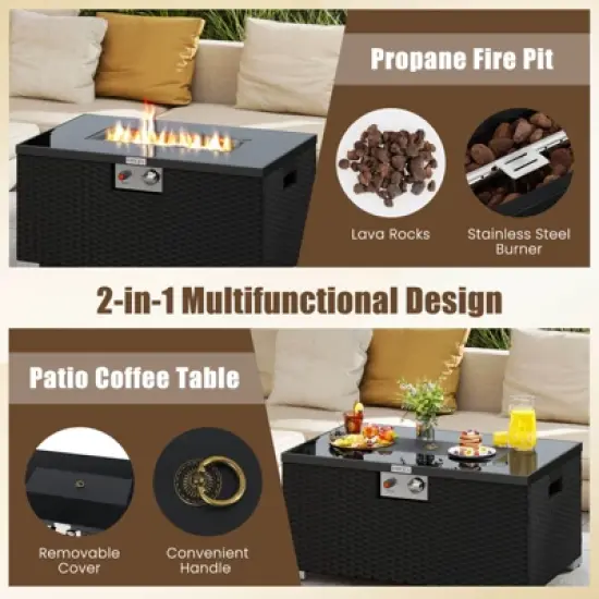 Costway 2 PCS Outdoor Rattan Fire Table Set with Tank Cover Tempered Glass Tabletop Brown/Black/Gray image {4}