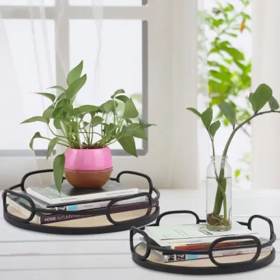 2pc Modern Round Wood and Metal Serving Tray Set Brown - Stonebriar Collection image {4}