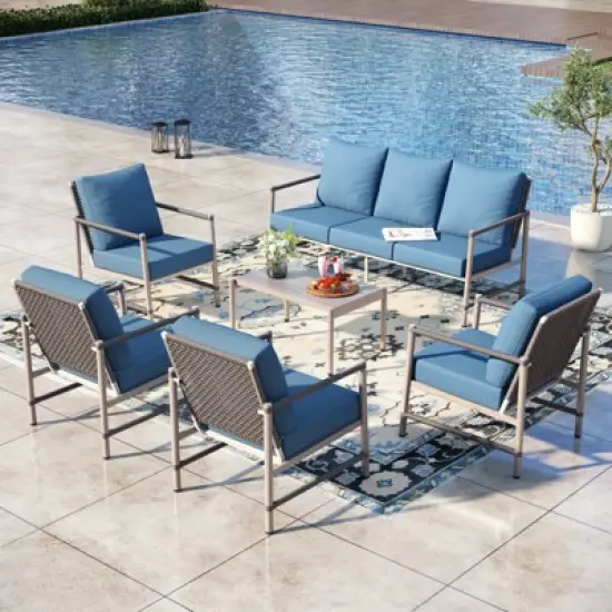 Captiva Designs 6pc Outdoor Wicker Patio Conversation Set with Coffee Table for Poolside, Backyard image {9}