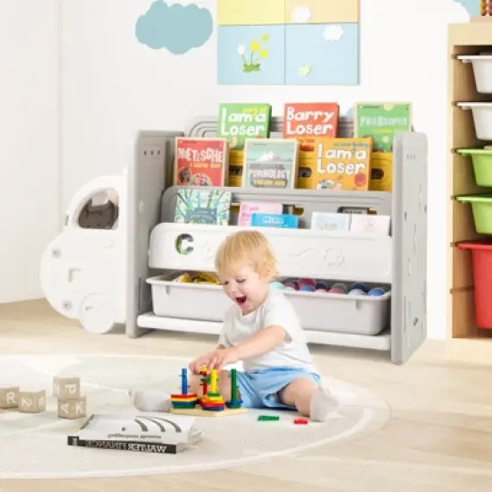 Costway 3-Tier Kids Toy Storage and Bookshelf with  2 Storage Boxes Decorative Car Head image {3}