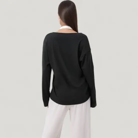 Anna-Kaci Active Women's Long Sleeve V-Neck Pullover Top with Relaxed Fit and Drop Shoulder Design image {3}