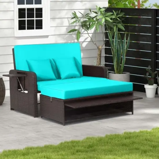 Costway Patio Rattan Loveseat Set Daybed Lounge Storage Ottoman Side Tables Adjust Turquoise/Black/Gray/Red/Navy/Beige image {15}