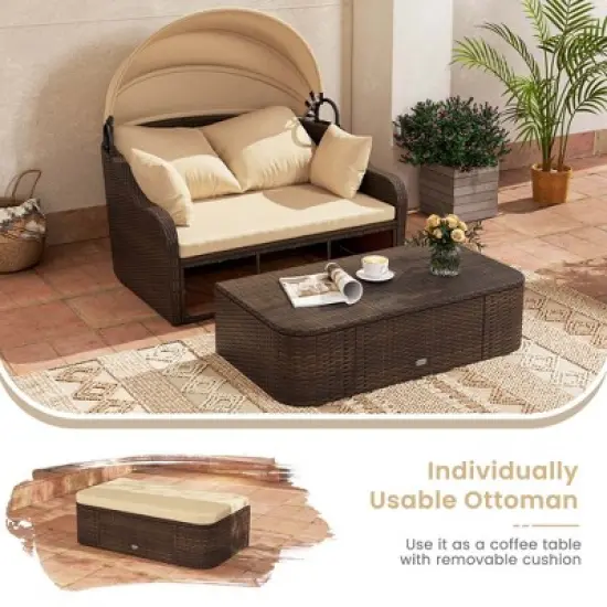 Costway Patio PE Rattan Daybed with Retractable Canopy Soft Cushions and Extra Pillows image {5}