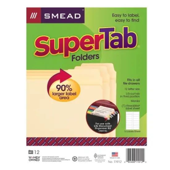 Smead SuperTab Folder, Letter Size, 1/3-Cut 3rd tab, Manila, 12 per pack (11912) image {2}