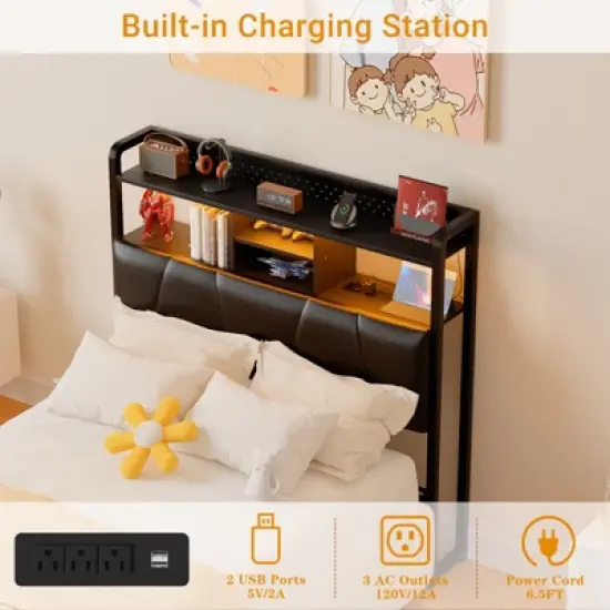 Aheaplus Upholstered Headboard with Storage Shelf, Charging Station and LED Light image {4}