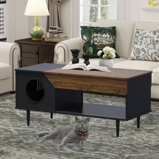 45'' Coffee Table Hidden Cat Litter Box Enclosure Kitty Litter Box Furniture with Storage Drawer and Metal Legs, Cat House for Living Room image {6}