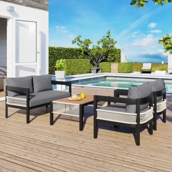 FIONECA Multi-Person Outdoor Iron Sofa Set with Table, Rattan Accent, Waterproof & Rust-Proof Patio Furniture for Garden & Lawn image {1}