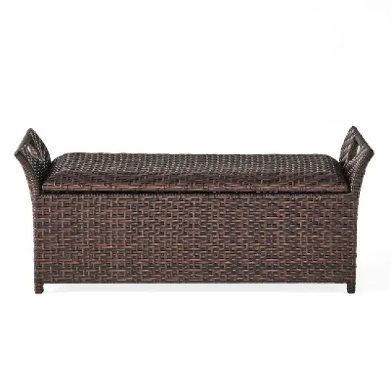 GDFStudio Ridgefield Outdoor Wicker Storage Bench with Handles, Multibrown image {8}