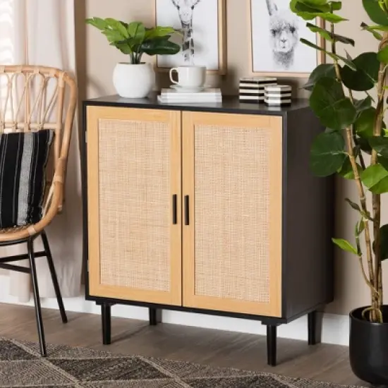 Maureen Wood and Rattan 2 Door Storage Cabinet Espresso/Natural Brown - Baxton Studio image {3}