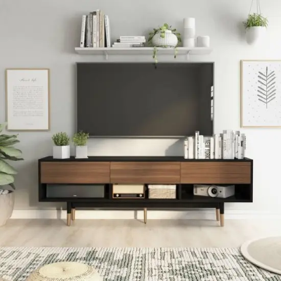 Vanore Mid-Century 3 Drawer TV Stand for TVs up to 80" Black - HOMES: Inside + Out image {2}