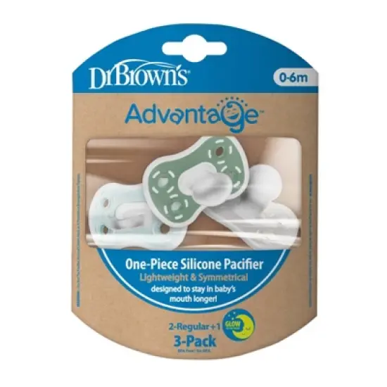 Dr. Brown's Advantage One-Piece Lightweight Silicone Pacifier Stage One, with one Glow-in-the-Dark Pacifier - 3pk image {1}