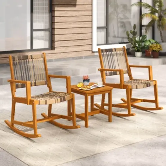 Costway 3 Piece Patio Rocking Set with Rattan Seat & Back Square Side Table for Porch image {10}