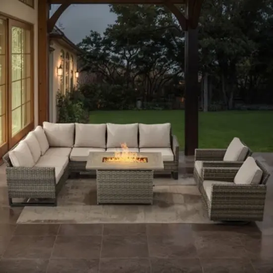 POCASSY L-Shaped Patio Sectional Sofa Set with Fire Pit Table, All Weather Gray Wicker Outdoor Furniture Set with Swivel Chair and Propane Fire Pit image {14}