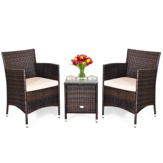 Costway Outdoor 3 PCS PE Rattan Wicker Furniture Sets Chairs  Coffee Table Garden image {1}