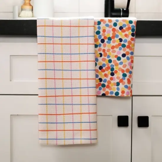 Geometry Tea Towel Set Chic: Modern Quick Dry Microfiber Kitchen Towels, Check & Polka Dots, 2 Pieces, Multicolored image {1}