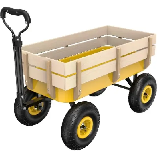 VINGLI Wagon Cart, Steel Frame and Wood Coated Railing, 330lbs All Terrain Wagon 9.2in Solid Tires for Kids Garden and Outdoor (Yellow) image {6}