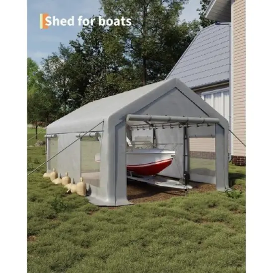 10x20 Ft Carport, Car Port with 200g PE Tarp, Roll-Up Doors, and 4 Windows image {1}