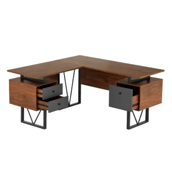 Reversible L Shaped Computer Desk with Drawers and File Cabinet Walnut - Techni Mobili image {5}