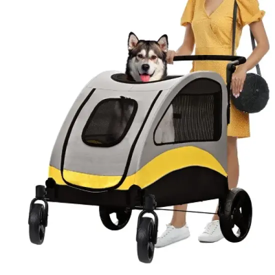 Large Heavy Duty Dog Stroller Folding Pet Stroller 4-Wheel Pet Travel Carrier Double Door Pet Trolley Skylight Cart with Rainproof Cover image {13}