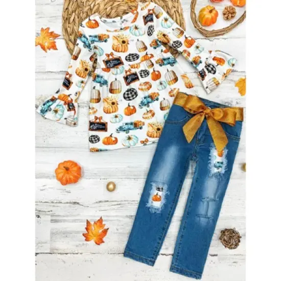 Girls Get Pumped Patched Jeans Set - Mia Belle Girls image {6}