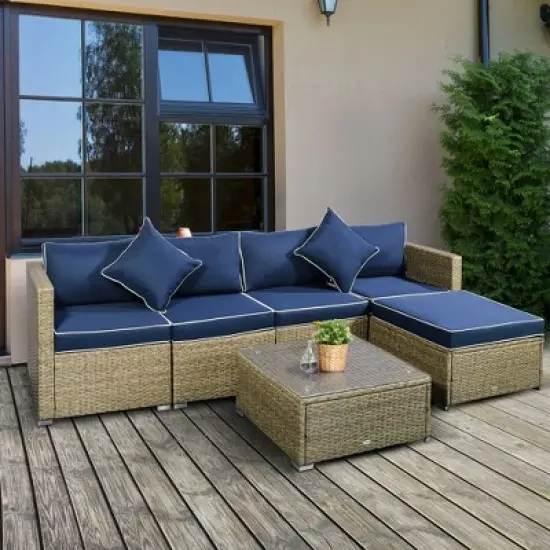 Outsunny 6 Pieces Outdoor PE Rattan Sofa Set, Sectional Conversation Wicker Patio Couch Furniture Set with Cushions and Coffee Table image {2}