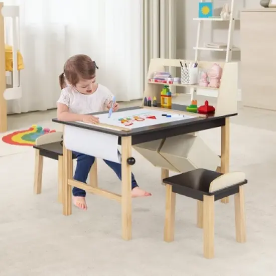 Costway Kids Art Table & Chairs Set Wooden Drawing Desk with Paper Roll Storage Shelf Bins image {3}
