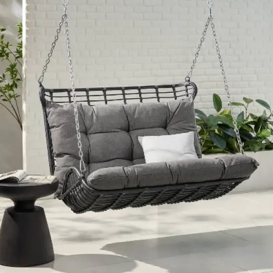 Arruda Outdoor Wicker Porch Swing with Cushions Gray/Dark Gray - Christopher Knight Home: UV & Weather-Resistant Patio Swing image {2}