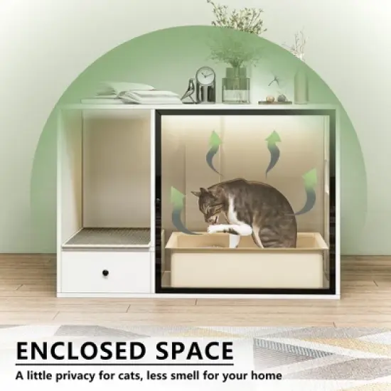 ATJafurn White Furniture Style Cat Cabinet with Storage Space, 37.4 " Modern Hidden Cat Litter Box Enclosure for Living Room image {1}