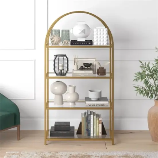 62 in. Arched Brass Finish Bookcase - Henn&Hart image {7}