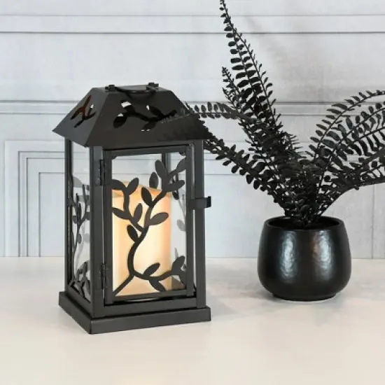 LumaBase Metal Lantern with Battery-Operated Candle - Black Vine image {3}