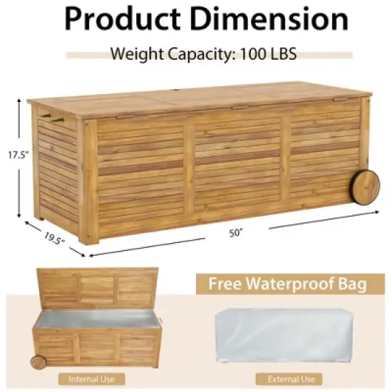 Costway 48 Gallon Acacia Wooden Patio Storage Deck Box Outdoor Storage Box with Wheels image {2}