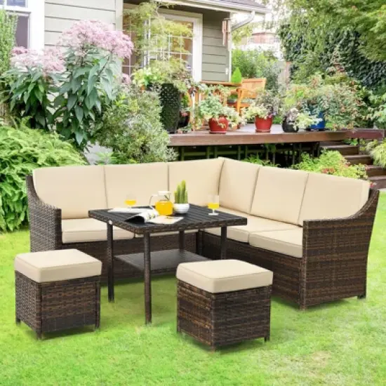 Tangkula 6PCS Patio Rattan Furniture Set All-Weather Sectional Cushioned Sofa Ottoman Dining Table Lower Shelf image {1}