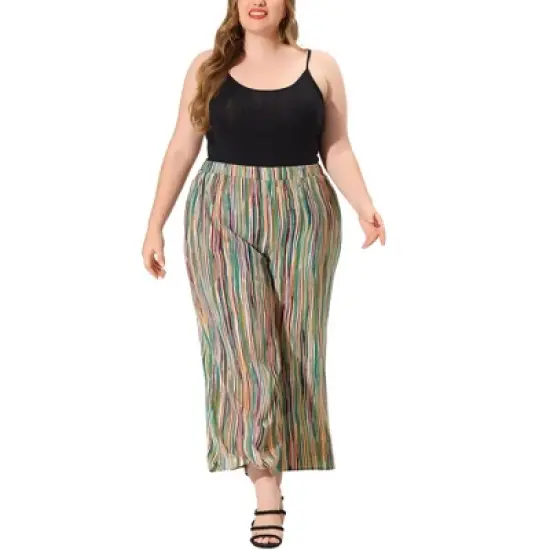 Agnes Orinda Women's Plus Size Boho Palazzo Lounge Wide Leg Pants with Elastic Waist and Stripe image {8}