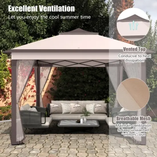 Costway 11'x11' 2-Tier Pop-Up Gazebo Tent Portable Canopy Shelter Carry Bag Mesh Brown\Beige image {5}
