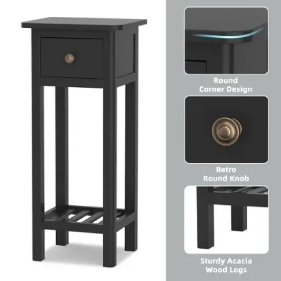 Costway 2PCS 2 Tier End Bedside Sofa Side Table with Drawer Shelf Acacia Wood Nightstand Black image {7}