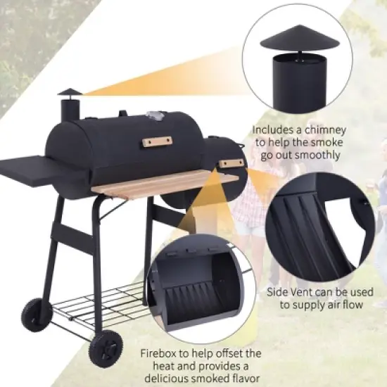 Kumasinova 48" Steel Portable Backyard Charcoal BBQ Grill, Offset Smoker Combo, Wheels, Ample Storage, Thermometer, Wood Handles image {6}