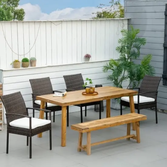 Outsunny Outdoor Dining Set for 6, Patio Dining Furniture Set with PE Wicker Chairs, Armrests, Wood Loveseat Bench & Dinner Table, Cushions, White image {2}