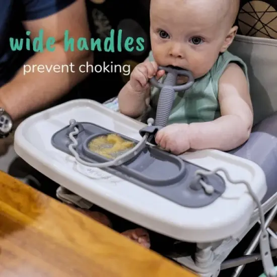 Busy Baby Silicone Travel Teething and Feeding System with Suction Mat, Teething Spoon, Travel Bag and 2 Straps for Toys and Utensil - Pewter - 4pcs image {5}