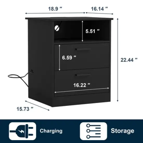 Resenkos Wood Nightstand With Charging Station, Bedside Table With 2 Drawers, Night Stand With Storage For Bedroom, image {5}